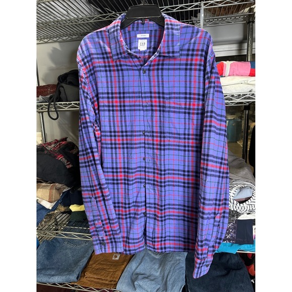 GAP Mens XL Purple Plaid Long Sleeve Flannel Button Down Shirt NWT - Picture 1 of 4